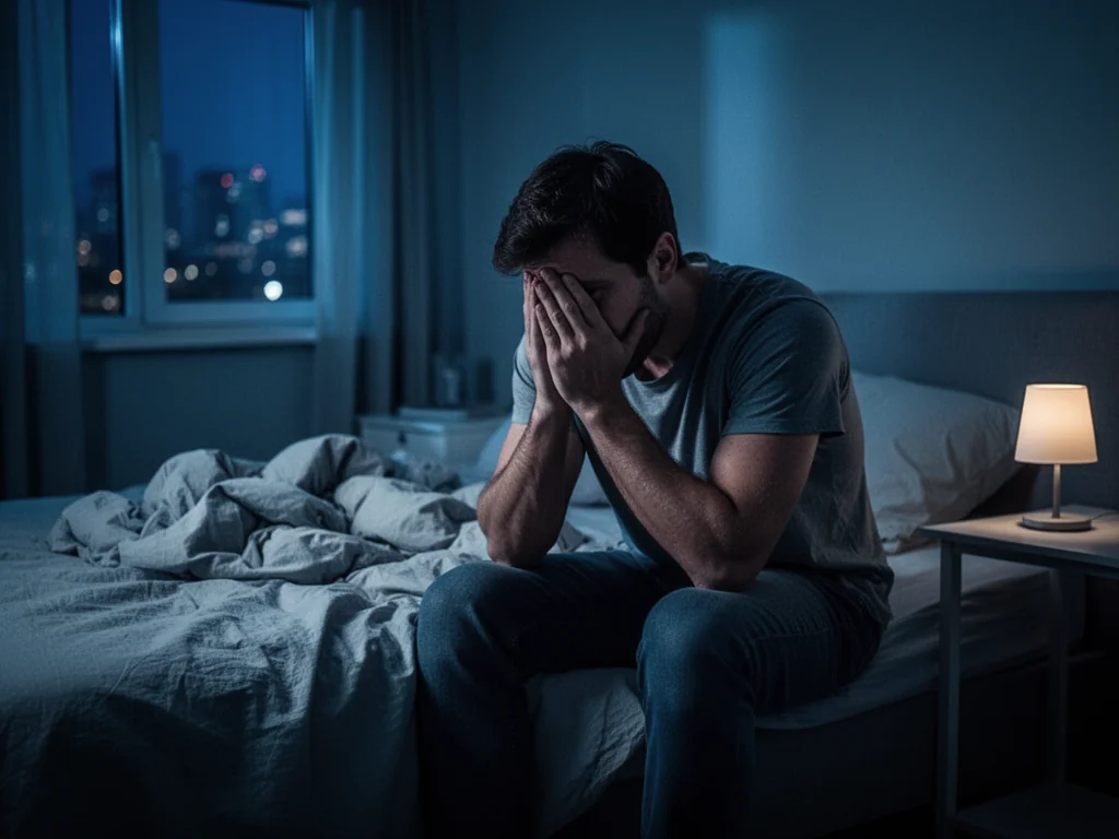 Mężczyzna po trzydziestce siedzi na łóżku z głową w dłoniach, zaniepokojony koszmarem w nocnej, przygaszonej sypialni.