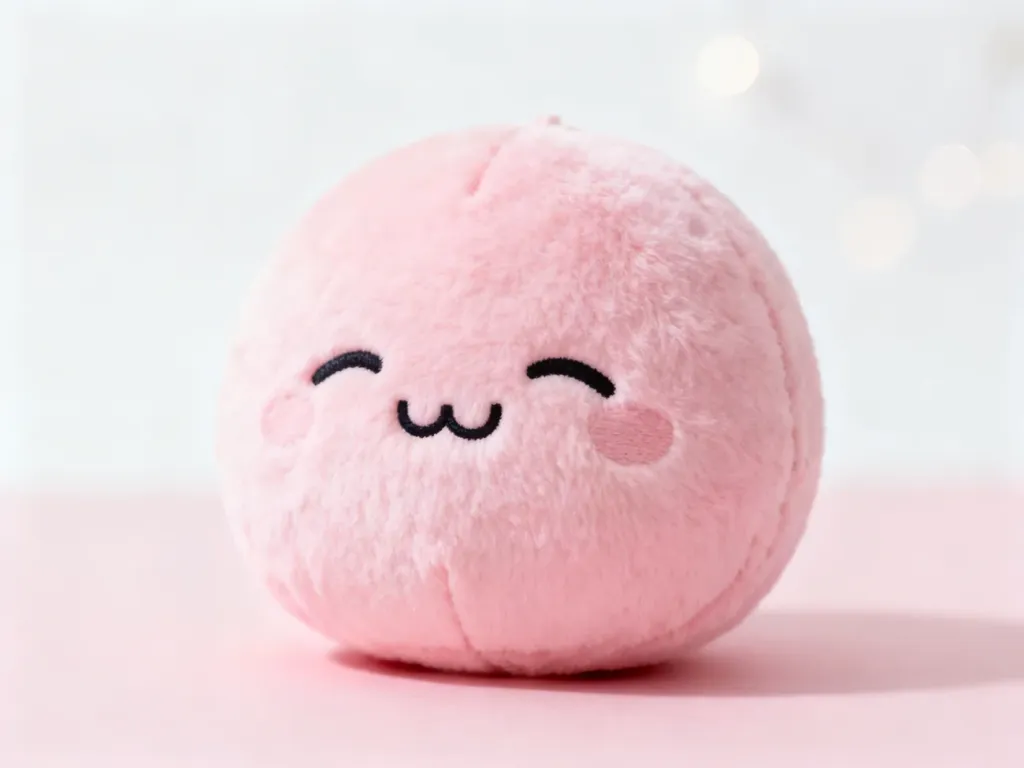 Pluszowa maskotka z wyrazem twarzy „uwu” na pastelowym, różowym tle, ilustrująca estetykę tego internetowego zwrotu.