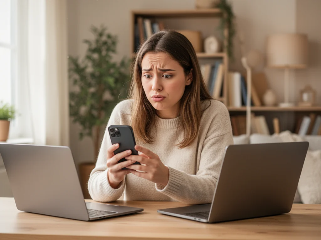 Młoda kobieta przy biurku patrzy zdezorientowana w smartfon, obok otwarty laptop, domowe wnętrze w tle