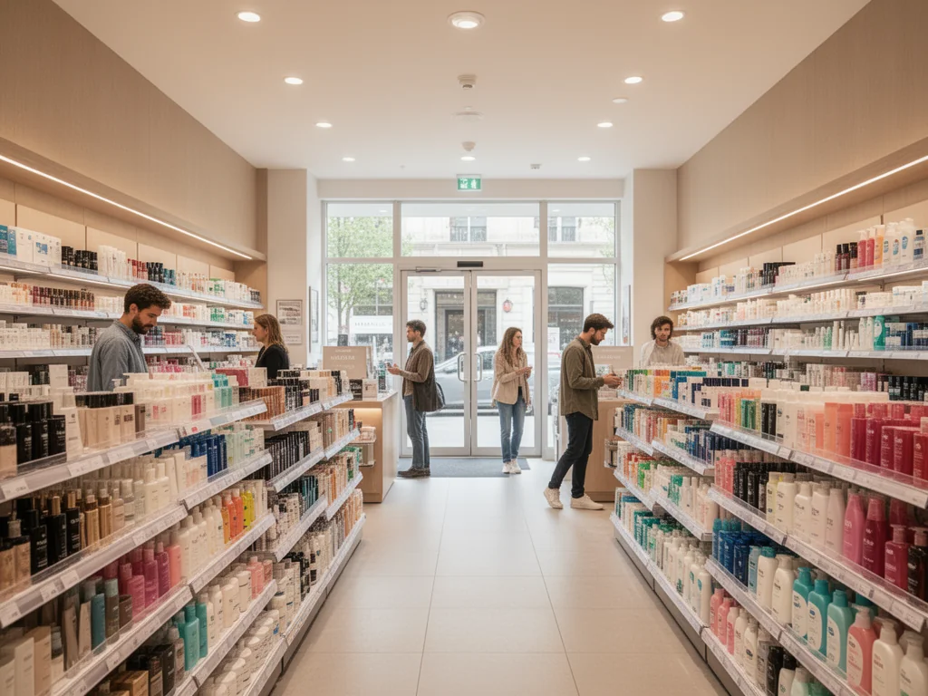 Wnętrze nowoczesnej drogerii z klientami między regałami, sugerujące otwartą Rossmann w niedzielę i wygodne zakupy.