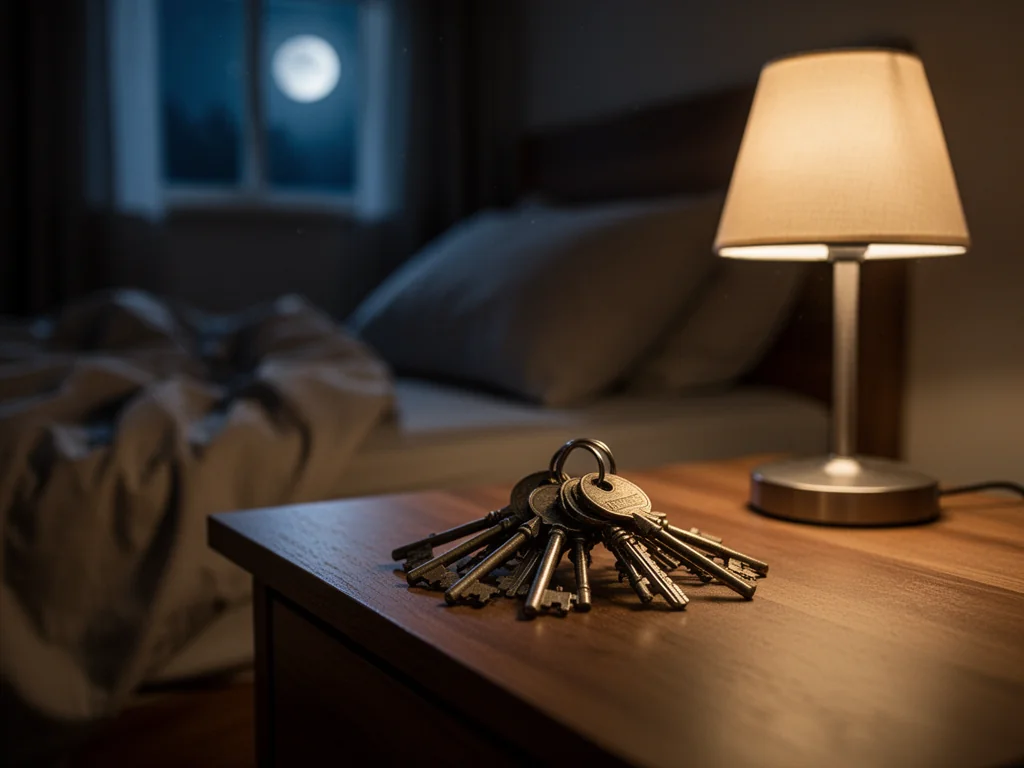 Pęk starych i nowych kluczy na nocnym stoliku przy lampce, w przytulnej sypialni o tajemniczej, sennej atmosferze.