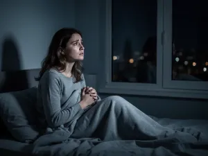 Otwarta książka w świetle i cieniu na biurku, w tle kobieta czyta przy oknie, podkreślając kontrast znaczeń.