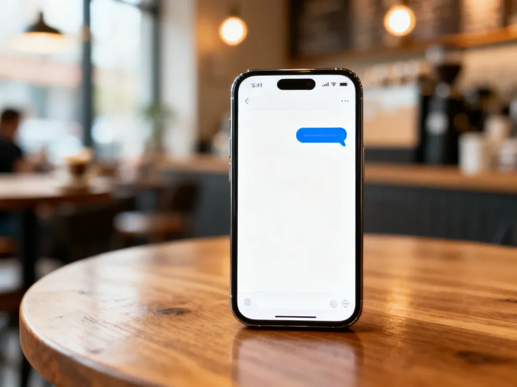 Nowoczesny smartfon z powiadomieniem w chmurce czatu na tle przytulnej kawiarni, ilustrujący cyfrową komunikację.