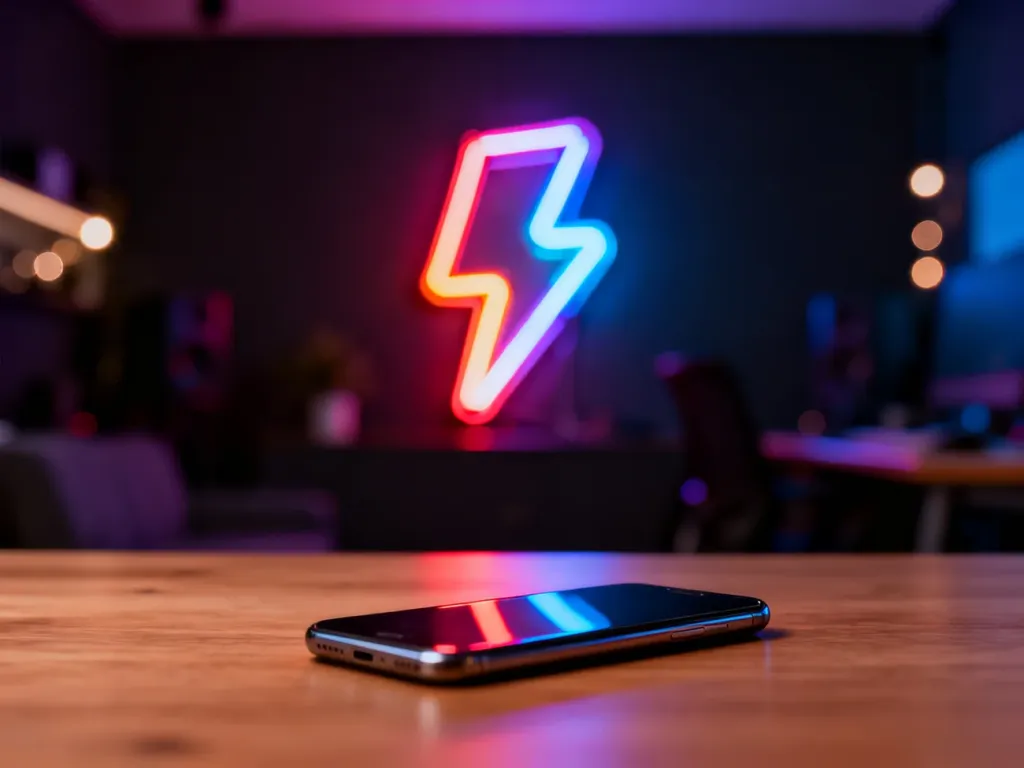 Neonowy znak w kształcie błyskawicy na biurku, symbolizujący energię i nowoczesny styl młodzieżowego slangu.