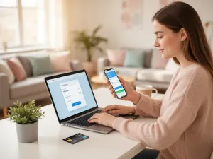 Młoda kobieta z zażenowaniem patrzy w smartfon, krzywiąc się z krindżu w przytulnym, jasnym salonie.