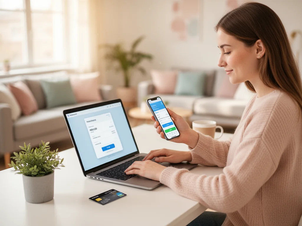 Młoda kobieta przy biurku spokojnie sprawdza płatność online na laptopie i smartfonie, ilustrując działanie Klarna.