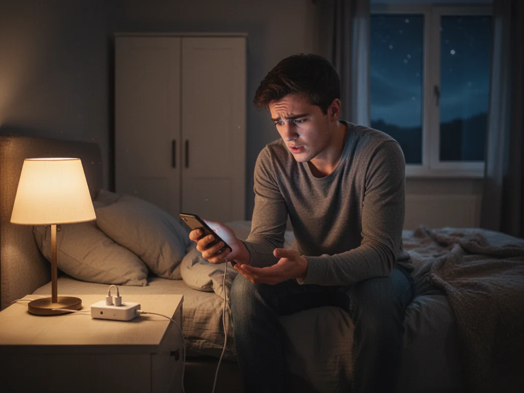 Zaniepokojony mężczyzna w sypialni nocą patrzy na pustą dłoń, jakby stracił telefon, nastrój snu i niepokoju.