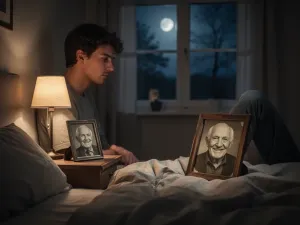 Zamyślona młoda kobieta przy biurku, patrząca w górę, obok otwarty zeszyt i długopis, nastrój refleksji i rozważań.