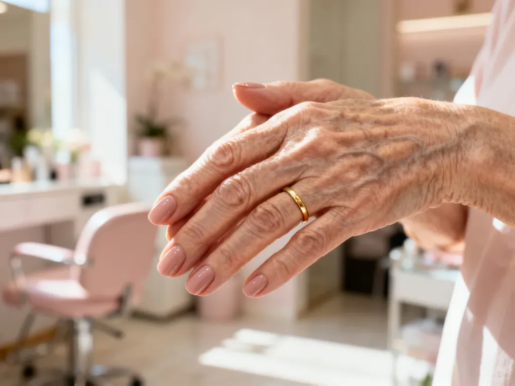 Zadbane dłonie 70-latki z eleganckim, naturalnym manicure w promieniach słońca, podkreślające subtelny i klasyczny styl.