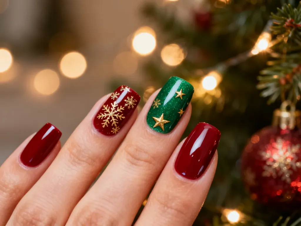 Elegancki manicure w kolorach czerwieni i zieleni ze świątecznymi wzorami śnieżynek oraz złotych gwiazdek.
