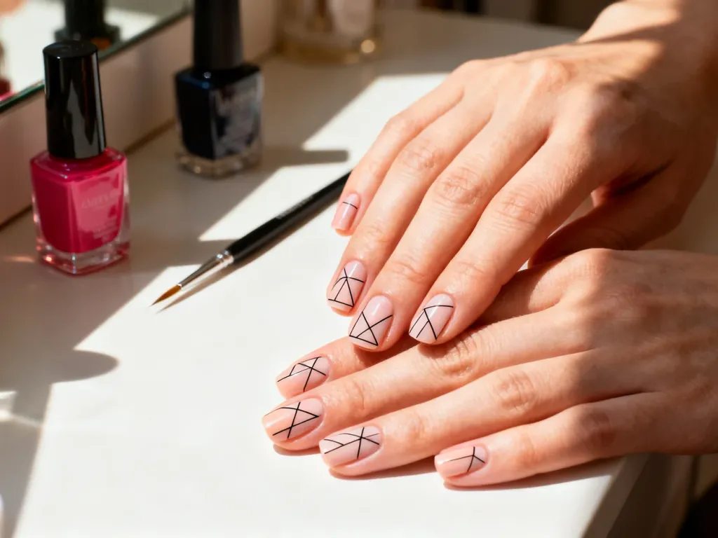 Zadbane dłonie z minimalistycznym, geometrycznym wzorem na paznokciach w otoczeniu profesjonalnych akcesoriów do manicure.