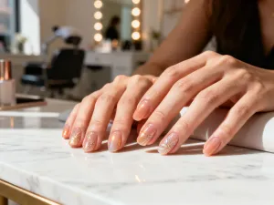 Eleganckie lakiery w odcieniach nude, różu i czerwieni zestawione z żółtą tkaniną, idealne do doboru manicure do sukienki.