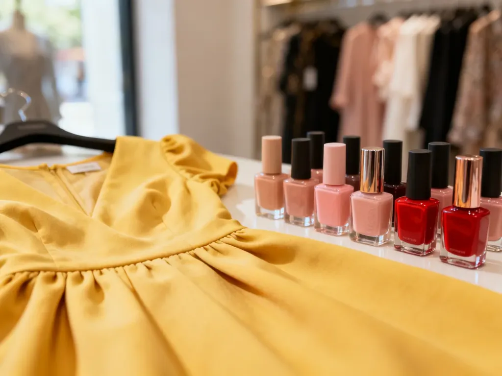 Eleganckie lakiery w odcieniach nude, różu i czerwieni zestawione z żółtą tkaniną, idealne do doboru manicure do sukienki.