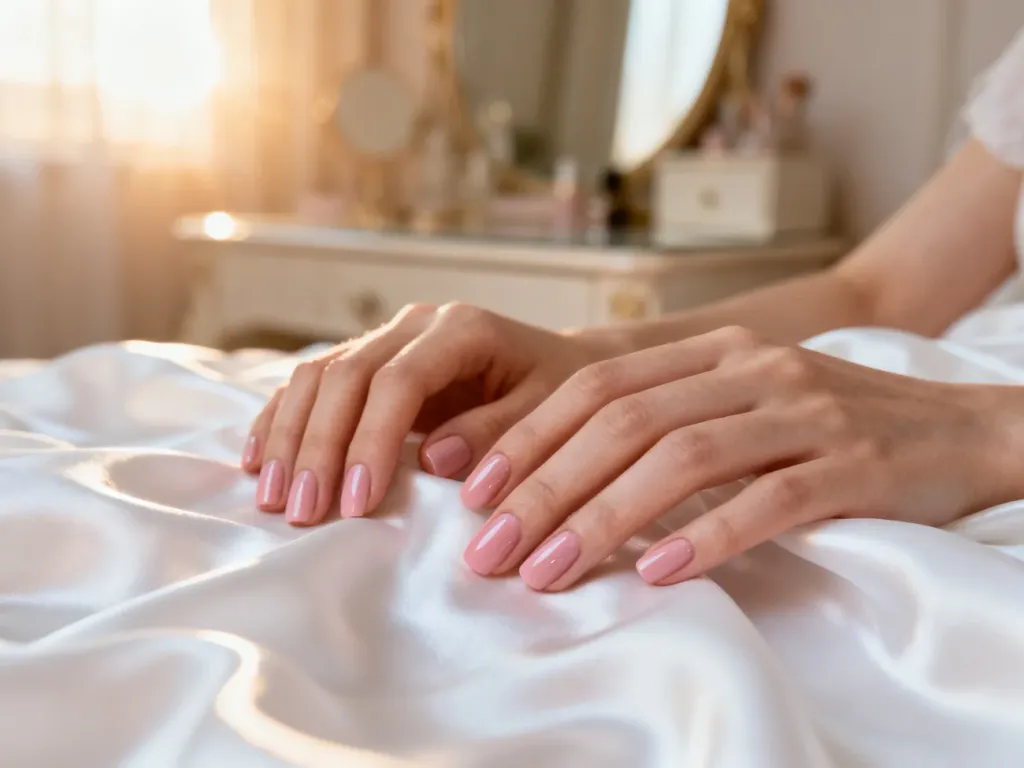 Dłonie z eleganckim manicure w odcieniu pudrowego różu, który optycznie odmładza skórę.