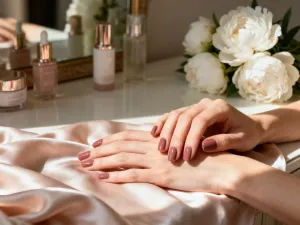 Zadbane dłonie 70-latki z eleganckim, naturalnym manicure w promieniach słońca, podkreślające subtelny i klasyczny styl.