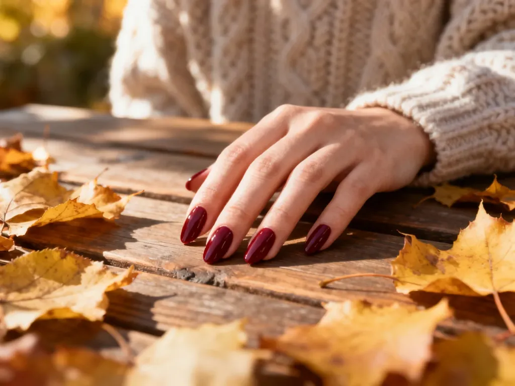 Dłoń z eleganckimi paznokciami w kolorze głębokiego burgunda na tle jesiennych liści, idealna inspiracja na jesienny manicure.