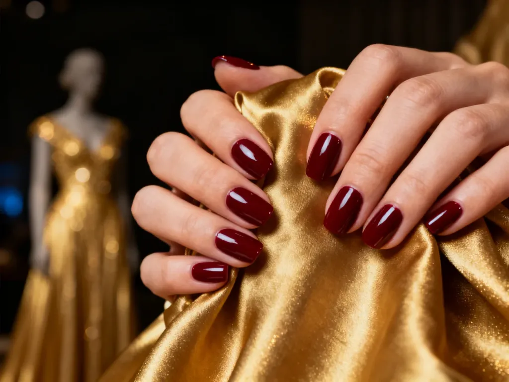Dłonie z eleganckim bordowym manicure trzymające złotą tkaninę, tworzące kontrast idealny do wieczorowej stylizacji.