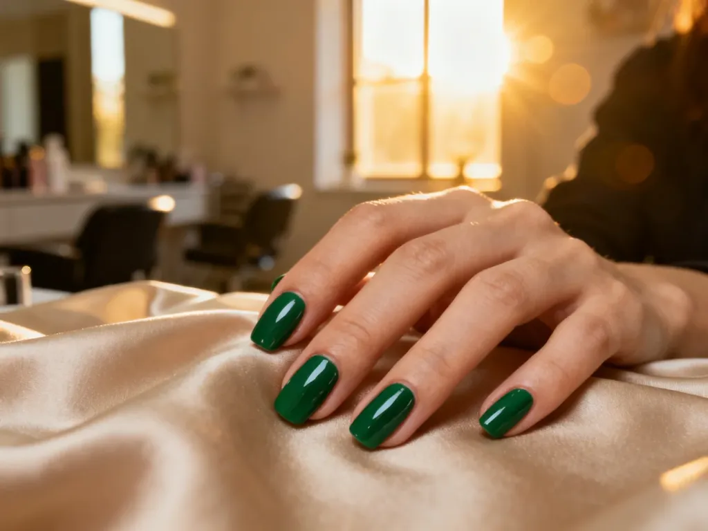 Dłoń z eleganckim manicure w kolorze głębokiej szmaragdowej zieleni, spoczywająca na beżowym jedwabiu.