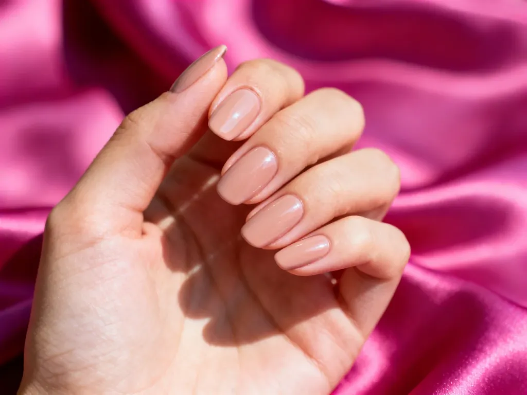 Dłoń z eleganckim manicure w odcieniu nude na tle fuksjowej sukienki, prezentująca subtelne połączenie kolorystyczne.