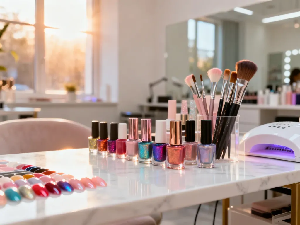 Profesjonalne stanowisko do manicure z różnorodnymi lakierami i pędzelkami na marmurowym blacie, gotowe do tworzenia zdobień.