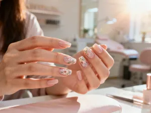 Zadbane dłonie 70-latki z eleganckim, naturalnym manicure w promieniach słońca, podkreślające subtelny i klasyczny styl.
