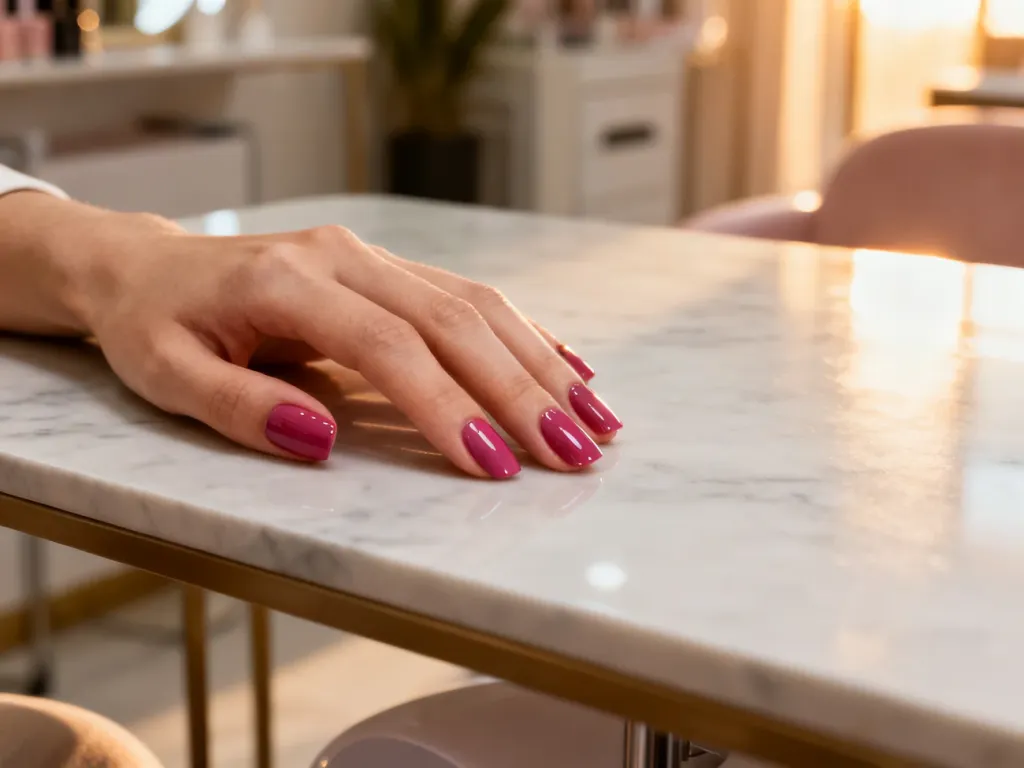 Dłoń z profesjonalnie wykonanym, błyszczącym manicure w modnym kolorze na tle eleganckiego marmurowego blatu.