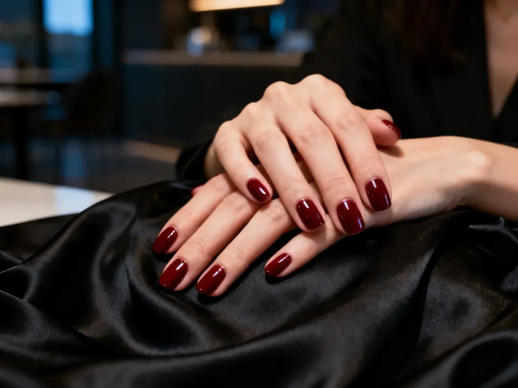 Dłonie z eleganckim manicure w kolorze głębokiej czerwieni spoczywające na czarnej, jedwabnej sukience.