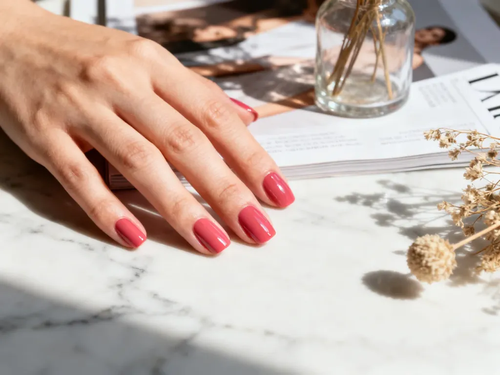 Dłoń z profesjonalnym manicure w modnym, nasyconym kolorze na marmurowym blacie w otoczeniu stylowych dodatków.