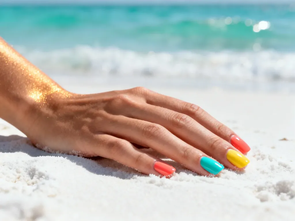 Dłoń z letnim manicure w odcieniach koralu, turkusu i żółci na tle piaszczystej plaży oraz morskich fal.
