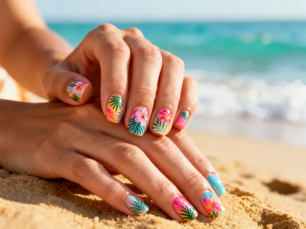 Zadbane dłonie z letnim manicure w pastelowych kolorach, ozdobione tropikalnymi wzorami i kwiatowymi motywami.