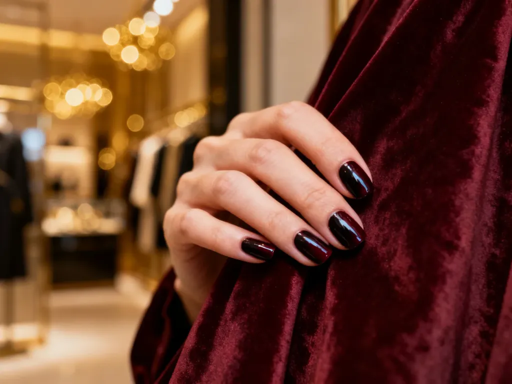 Dłoń z eleganckim, ciemnym manicure idealnie dopasowanym do bordowej sukienki w luksusowym wnętrzu butiku.