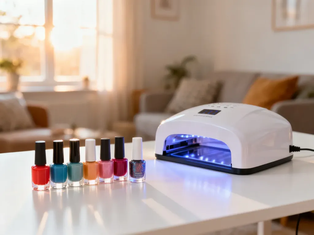 Zestaw do manicure hybrydowego z lampą UV/LED oraz lakierami na białym stole w słonecznym, domowym wnętrzu.