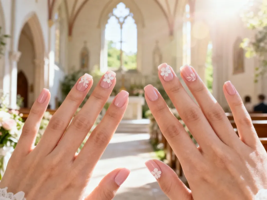 Elegancki manicure w odcieniach różu i nude z delikatnym kwiatowym wzorem, idealny na uroczystość komunijną.