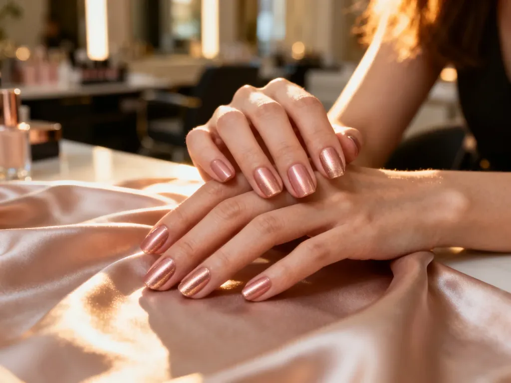 Zadbane dłonie z eleganckim manicure w odcieniu różowego złota, idealnie pasującym do dojrzałej stylizacji.