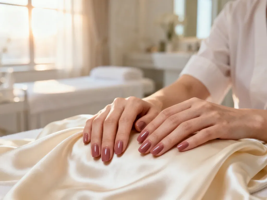 Zadbane dłonie z eleganckim manicure w odcieniu przygaszonego różu na tle jasnego, luksusowego wnętrza spa.
