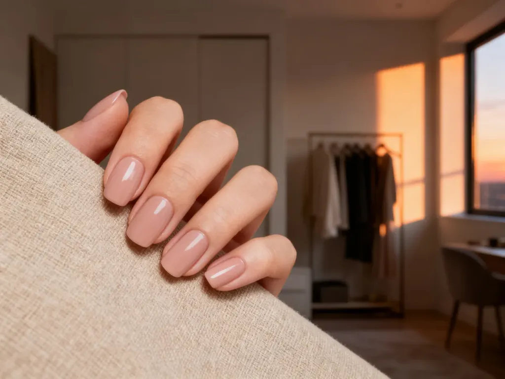 Eleganckie paznokcie w odcieniu nude na tle beżowej tkaniny, idealnie pasujące do stylizacji w tym kolorze.