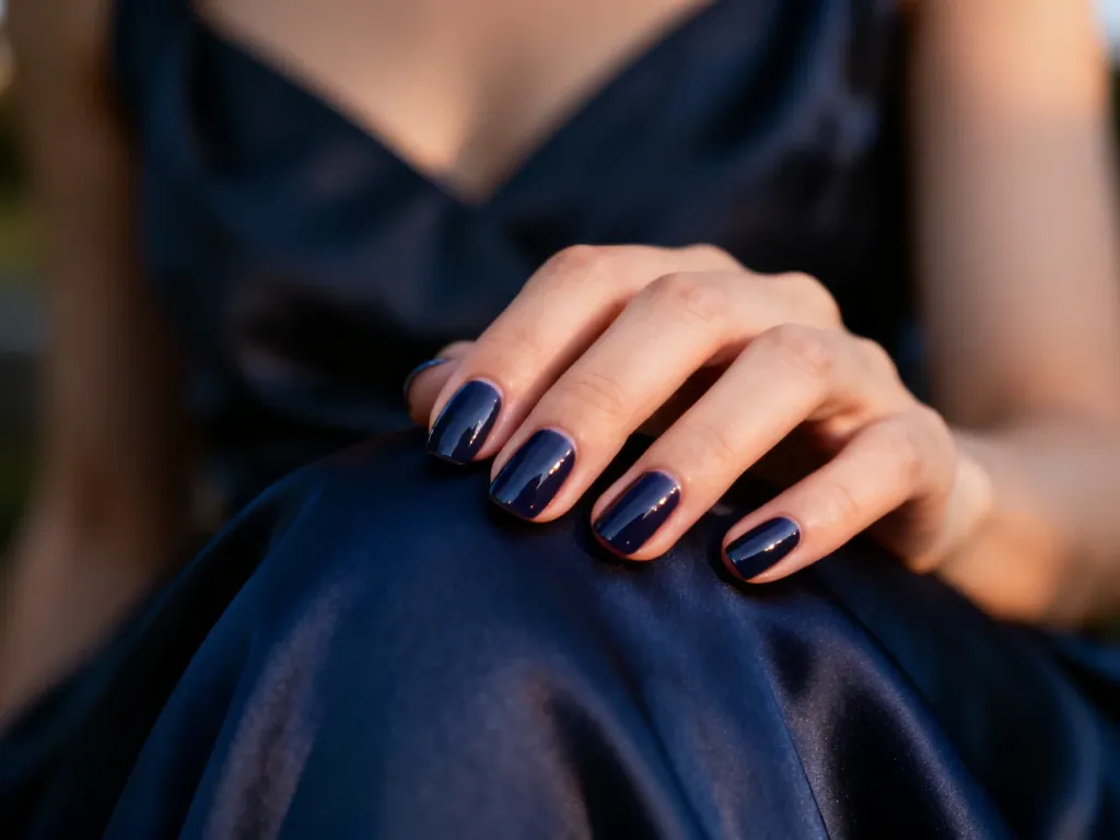 Elegancki manicure z połyskiem na tle granatowej sukienki, idealnie dopełniający wieczorową stylizację.